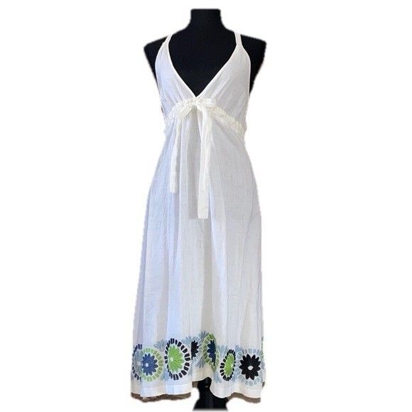 Diane Von Furstenberg  Size Large Y2K White 100% Linen Embroidered Halter Dress - Picture 14 of 14